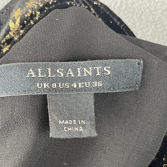 All Saints Jemima Star Dress Black Velvet Metallic Gold Printed Faux Wrap Size 4 - Picture 16 of 16